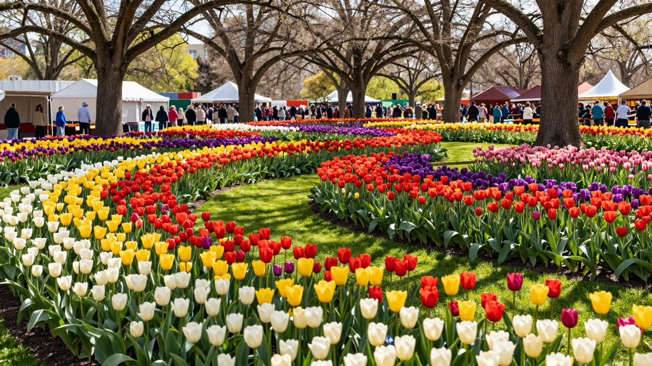 Colorful rows of tulips blooming at Loyola University Chicago park