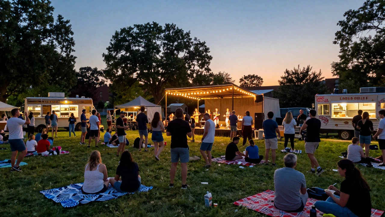 Community gathering with live music and food trucks at Logan Square Park