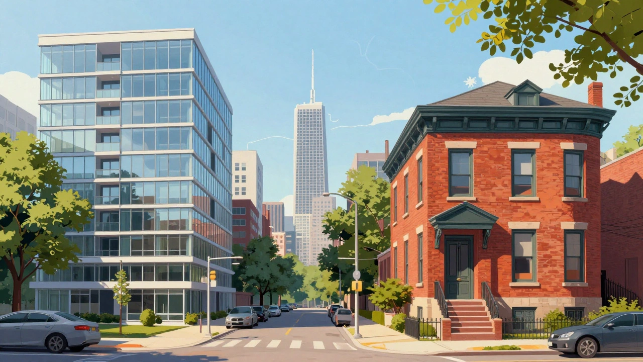 Contrast between modern condo and historic bungalow