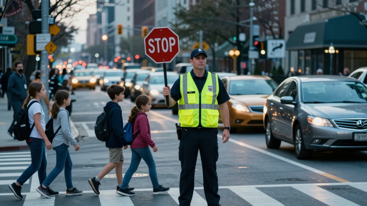 Crossing guard stopping traffic for students at a busy intersection