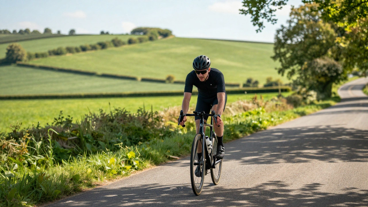 Cyclist riding uphill on a scenic road in the Illinois suburbs