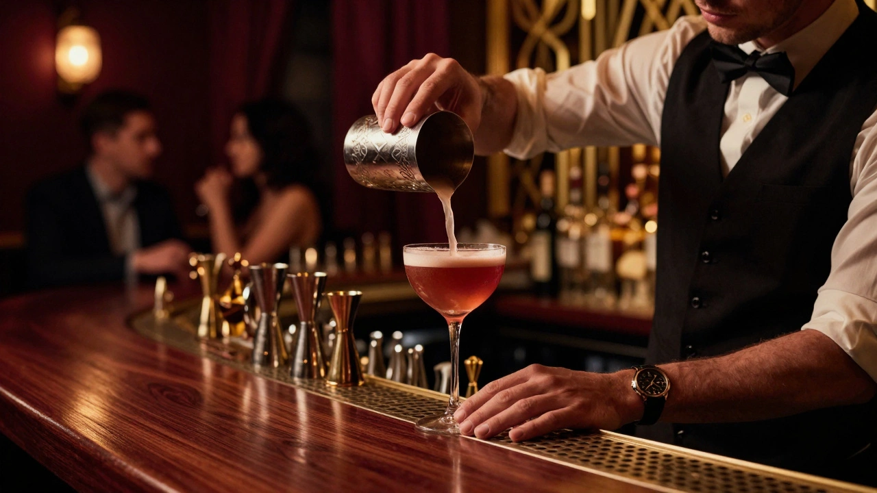 Dimly lit speakeasy bar with bartender crafting a cocktail in art deco style