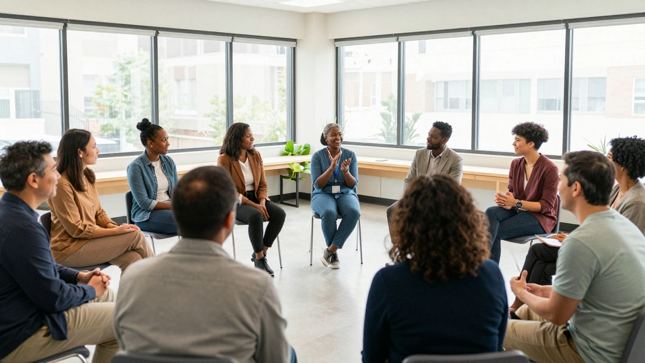 Diverse community members collaborating in a bright hall at the South Side Jewish Center