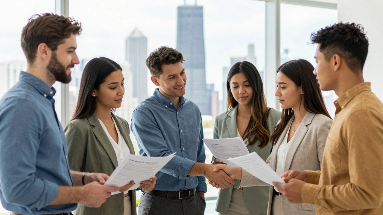Diverse professionals collaborating in a bright office with Chicago view