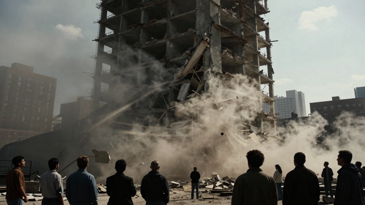 Dust cloud rising as a Cabrini-Green tower is demolished in Chicago