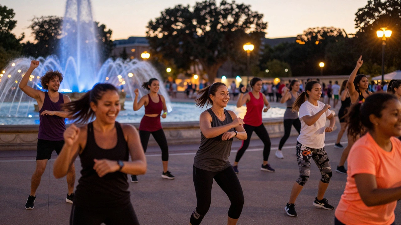 Energetic outdoor Zumba dance class at dusk near illuminated fountain