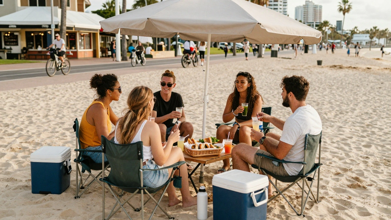 Friends eating lunch on folding chairs on the sand at North Avenue Beach