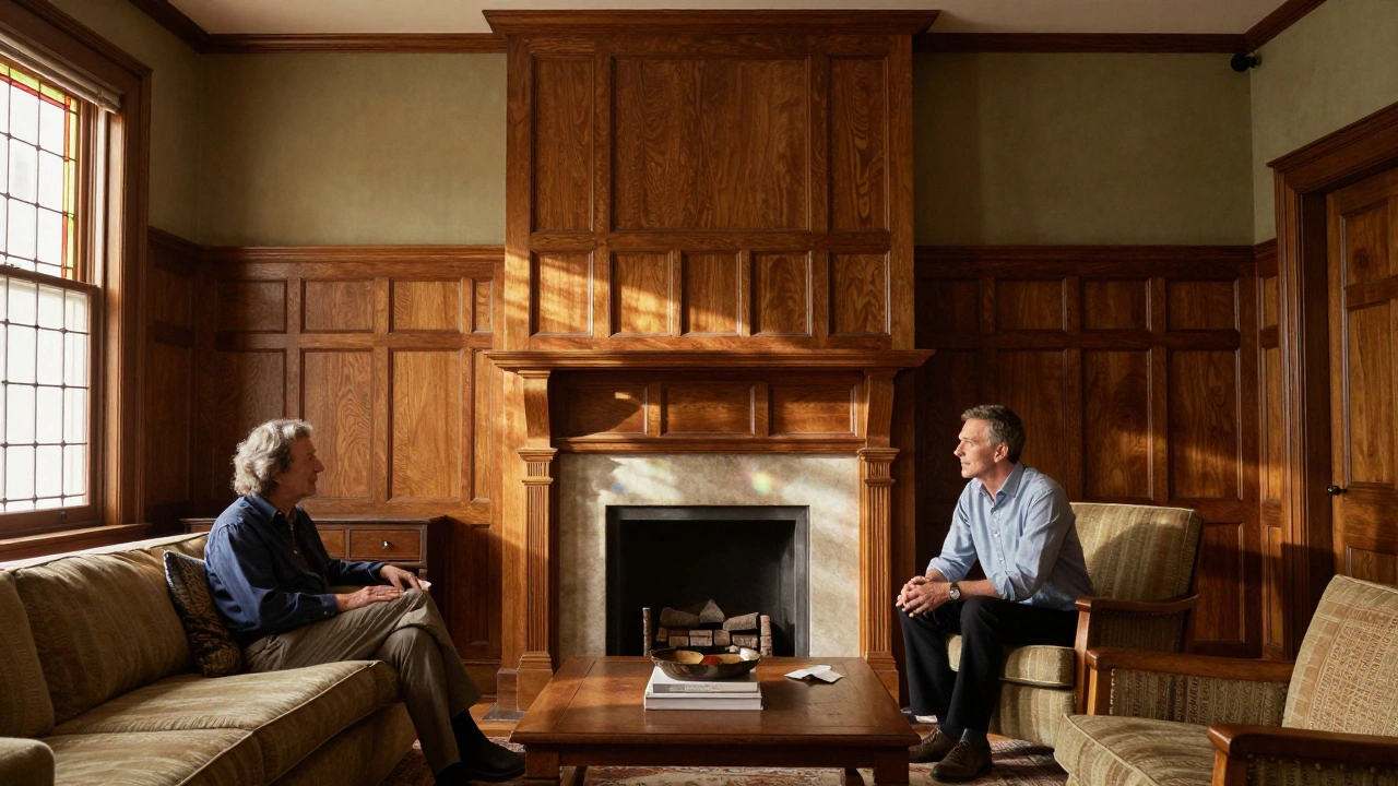 Glessner House living room with oak paneling and stained glass windows