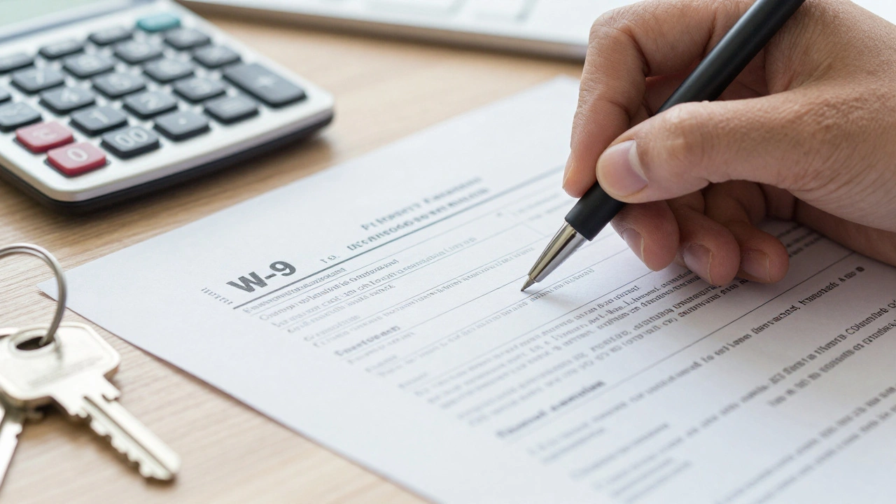 Hand signing W-9 form with keys and pre-approval letter