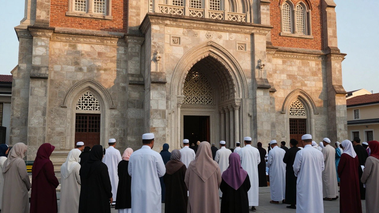 Historic church converted into a mosque with worshippers gathering outside on a sunny afternoon in West Ridge.
