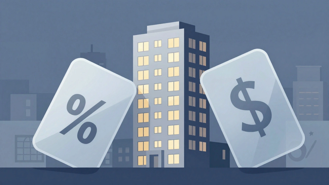 Illustration of a condo weighed down by abstract financial cost blocks.