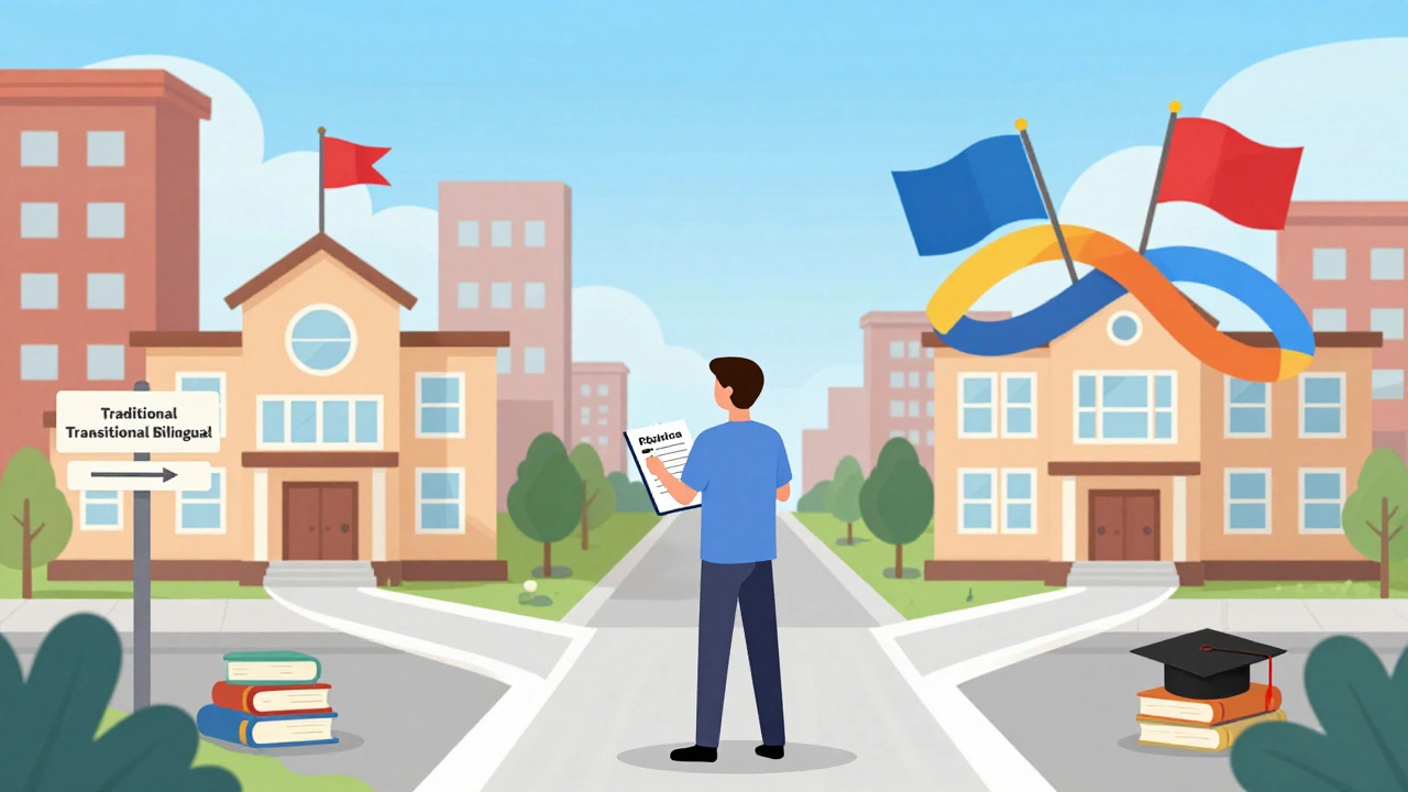 Illustration of a parent choosing between educational paths represented by school buildings.