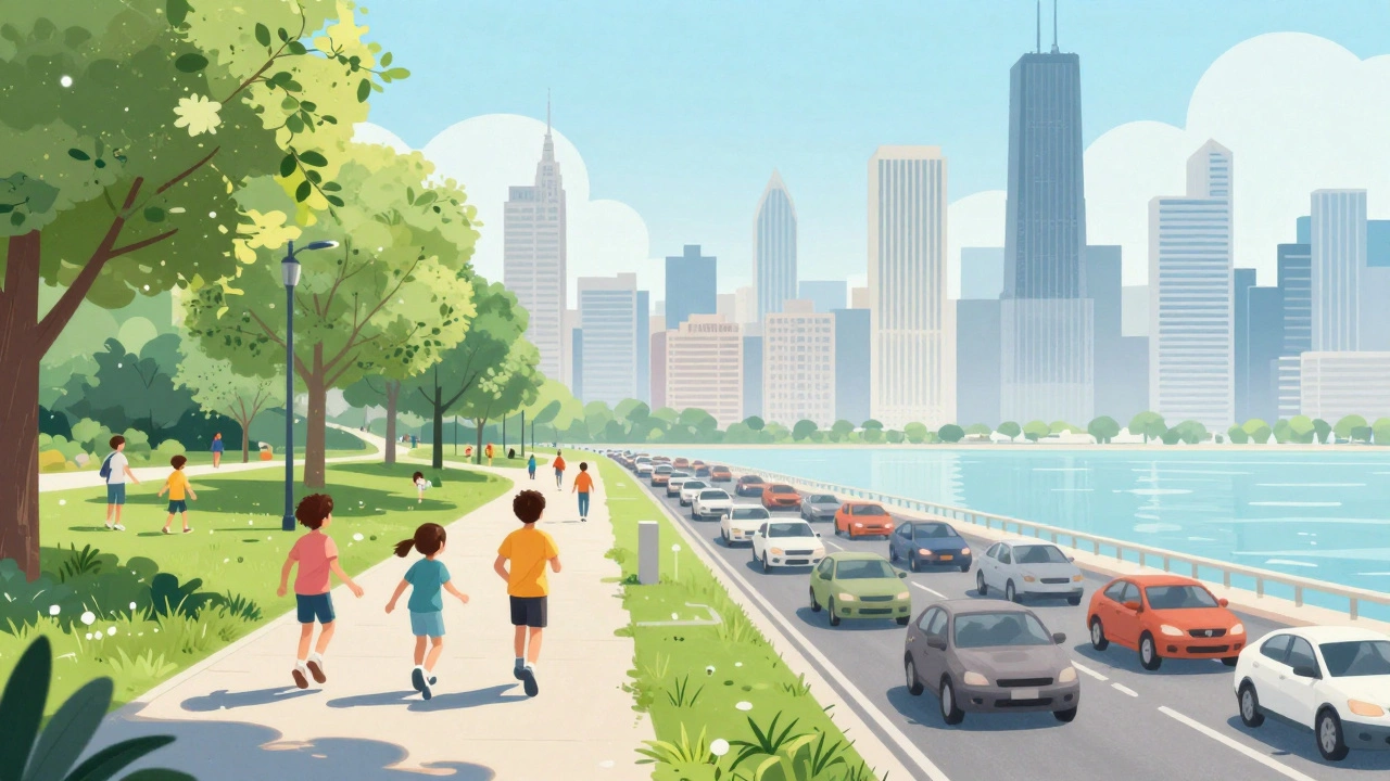 Illustration of healthy, active commuting reducing urban traffic