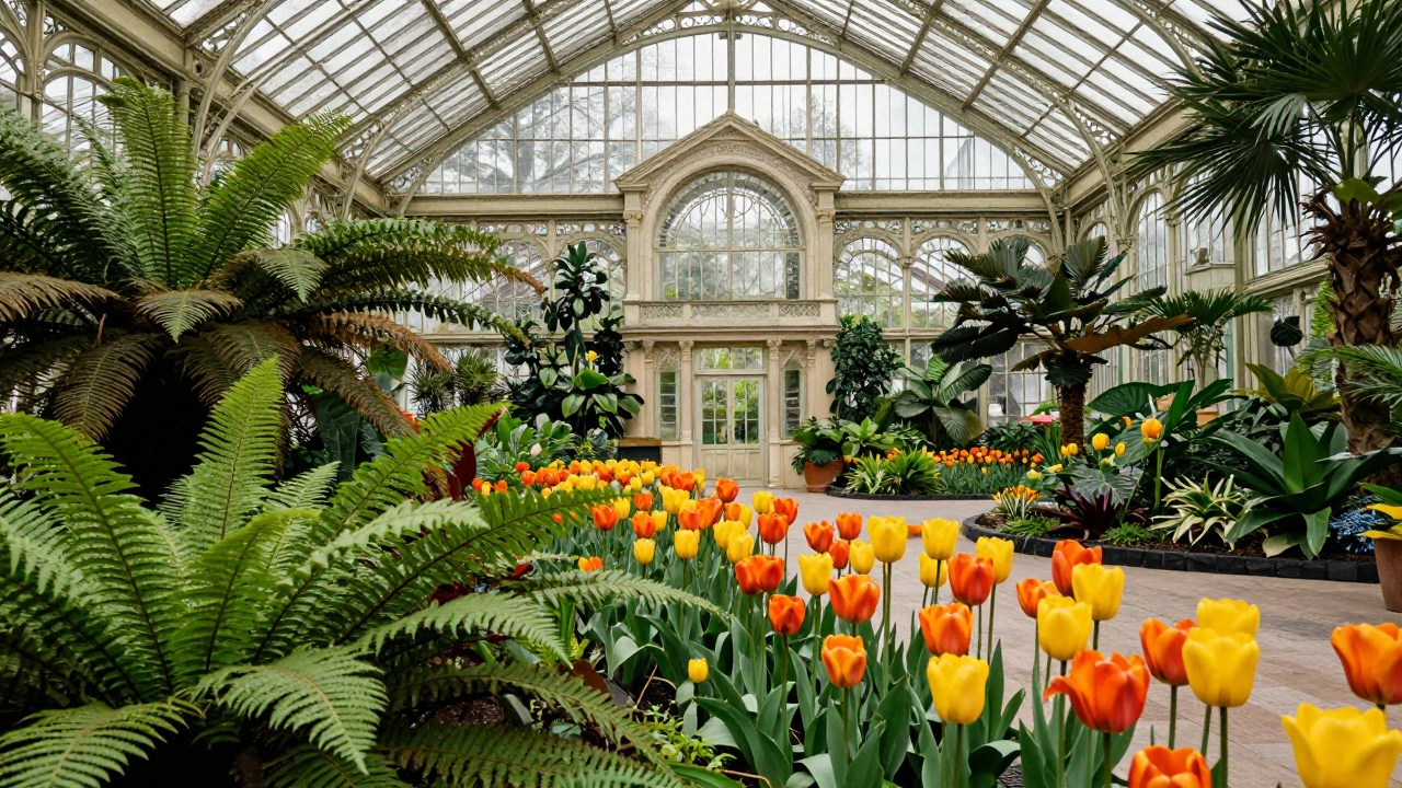 Indoor tulips and greenery inside Garfield Park Conservatory greenhouse