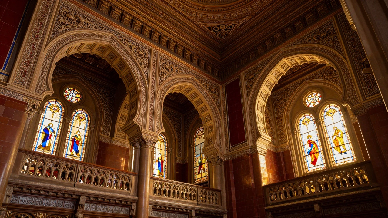 Interior view of Anshe Emeth synagogue showcasing Moorish Revival architecture and stained glass