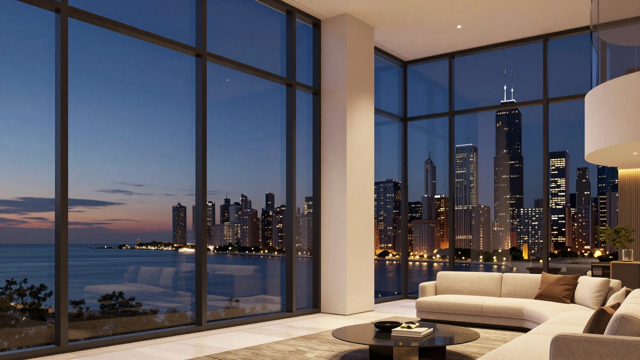 Luxury apartment interior with large windows overlooking Lake Michigan at dusk