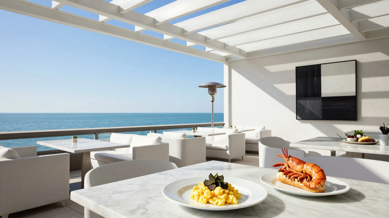 Minimalist rooftop dining with lakefront and Navy Pier views