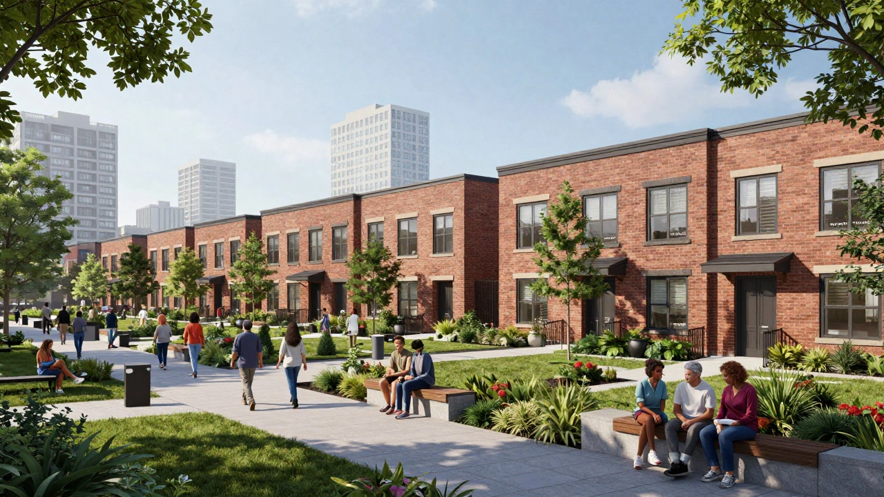 Modern mixed-income townhomes and courtyards in a Chicago neighborhood