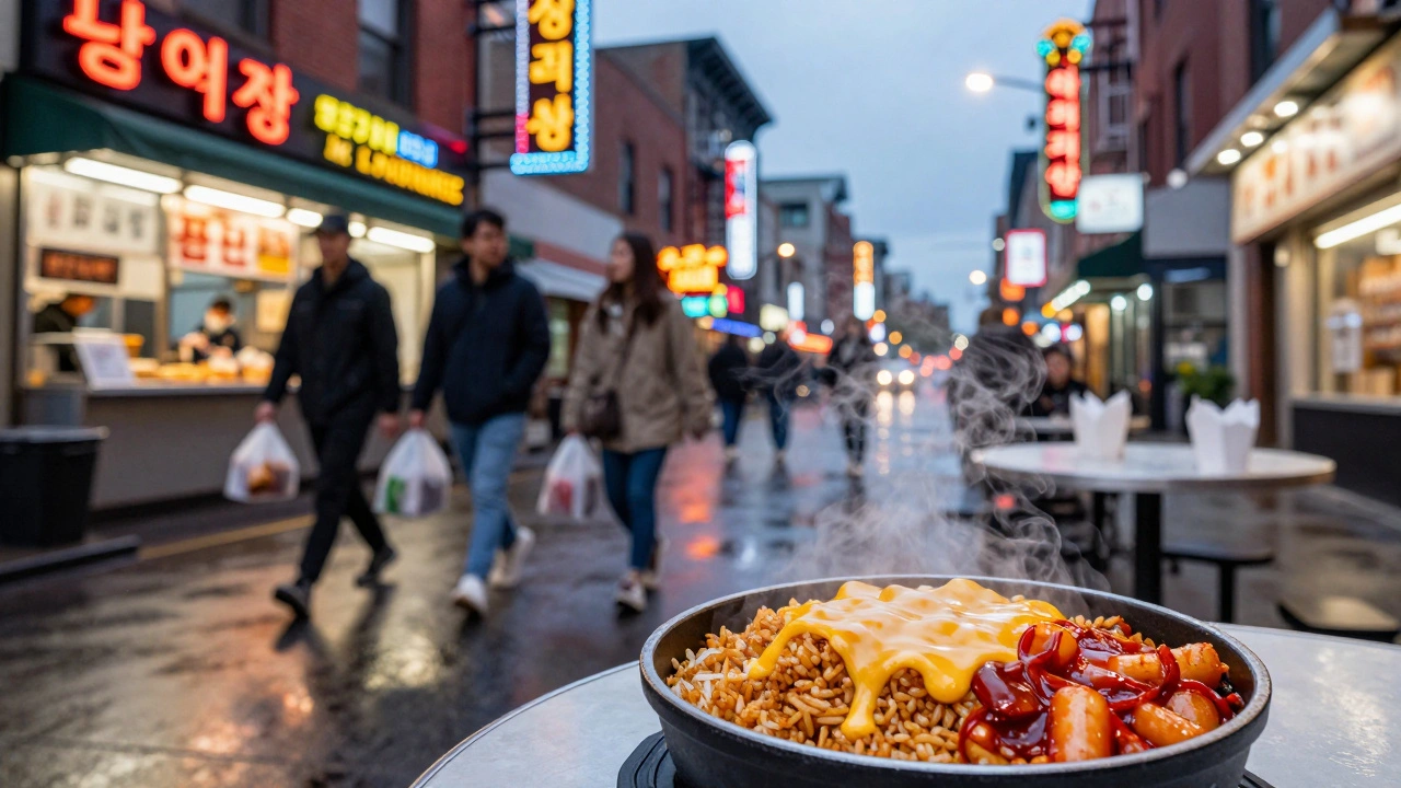 Neon-lit Chicago Koreatown street with spicy tteokbokki