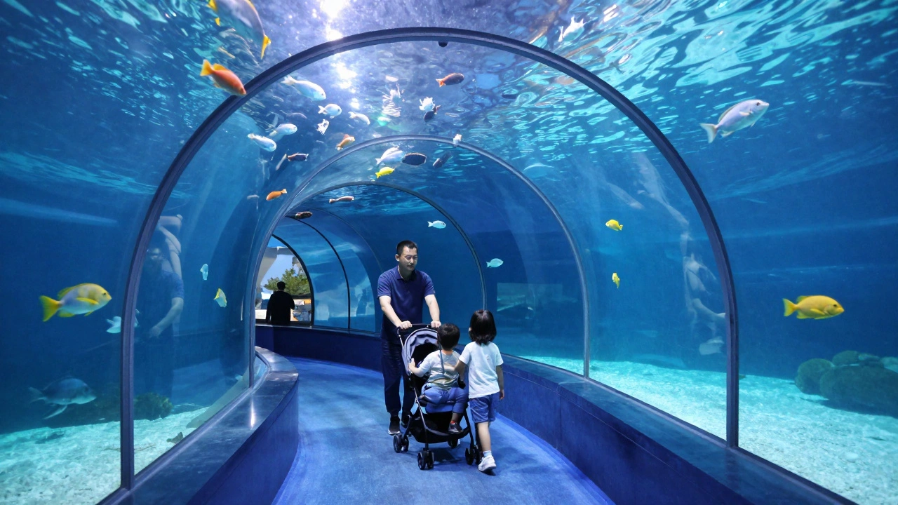Parent pushing stroller through underwater tunnel at Shedd Aquarium