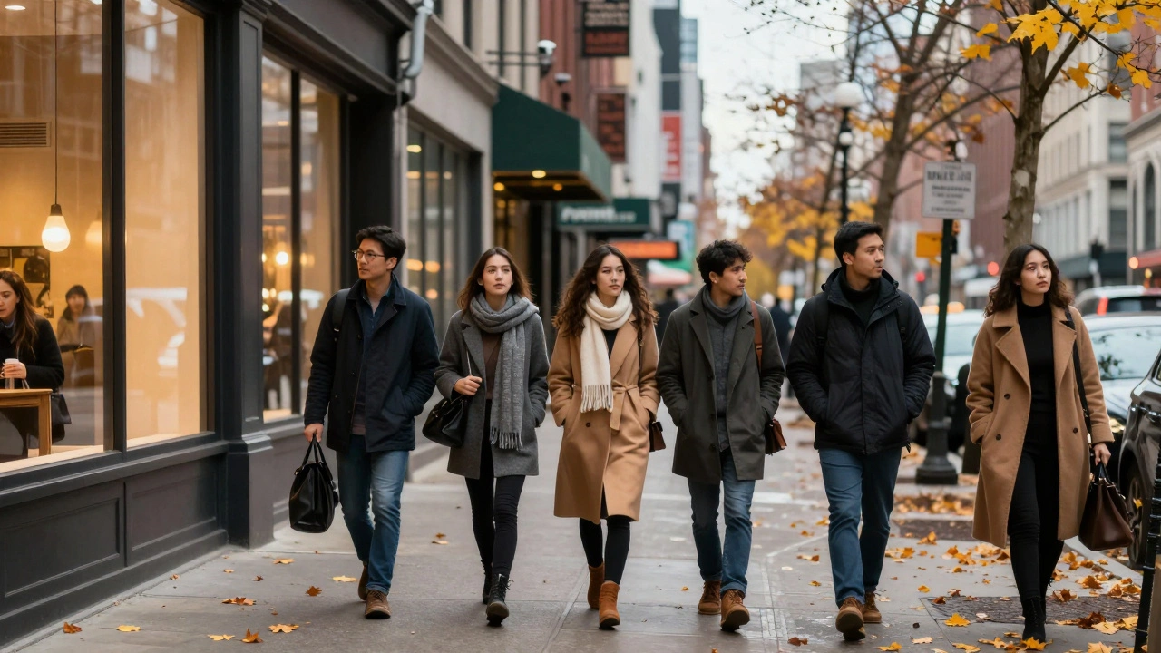 Pedestrians in fall coats walking on leaf-strewn Chicago streets
