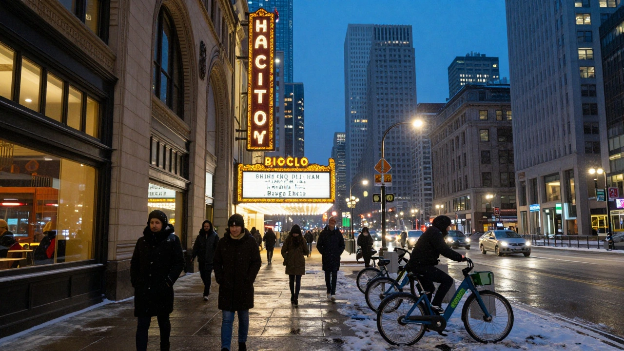 Pedestrians walking through snowy Chicago Loop near theaters and restaurants