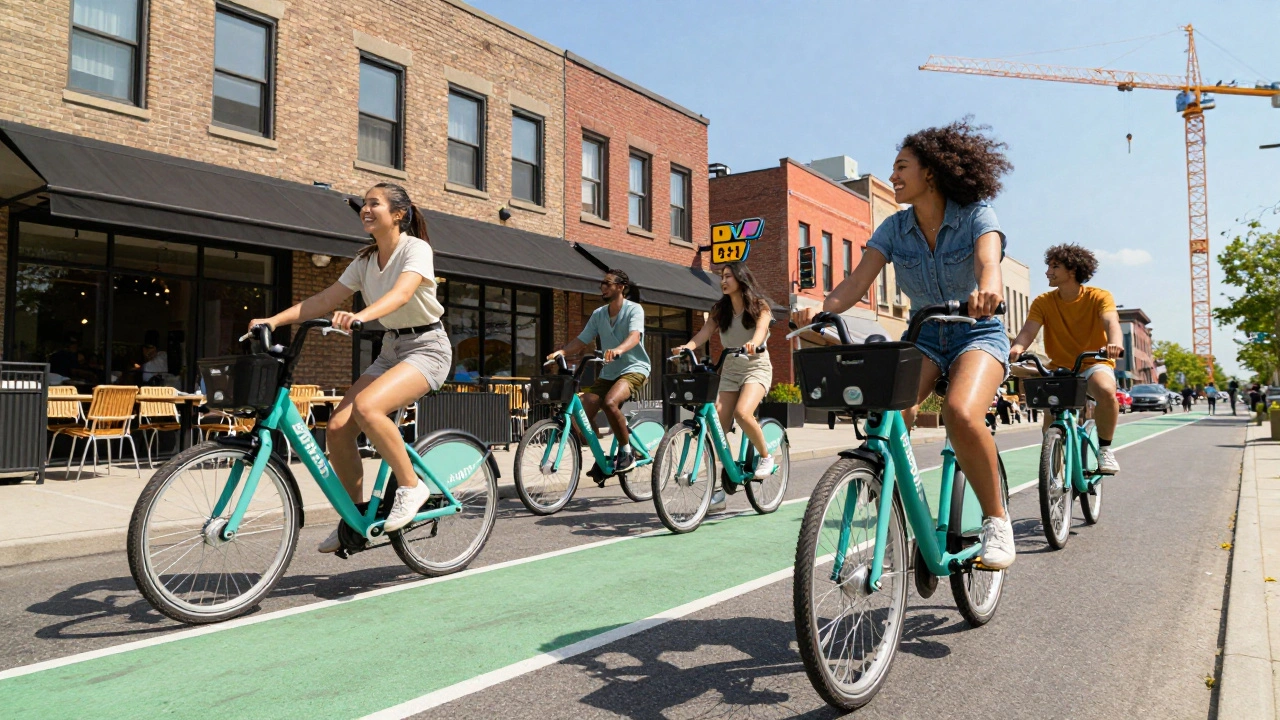 People riding Divvy bikes on a dedicated lane in West Loop