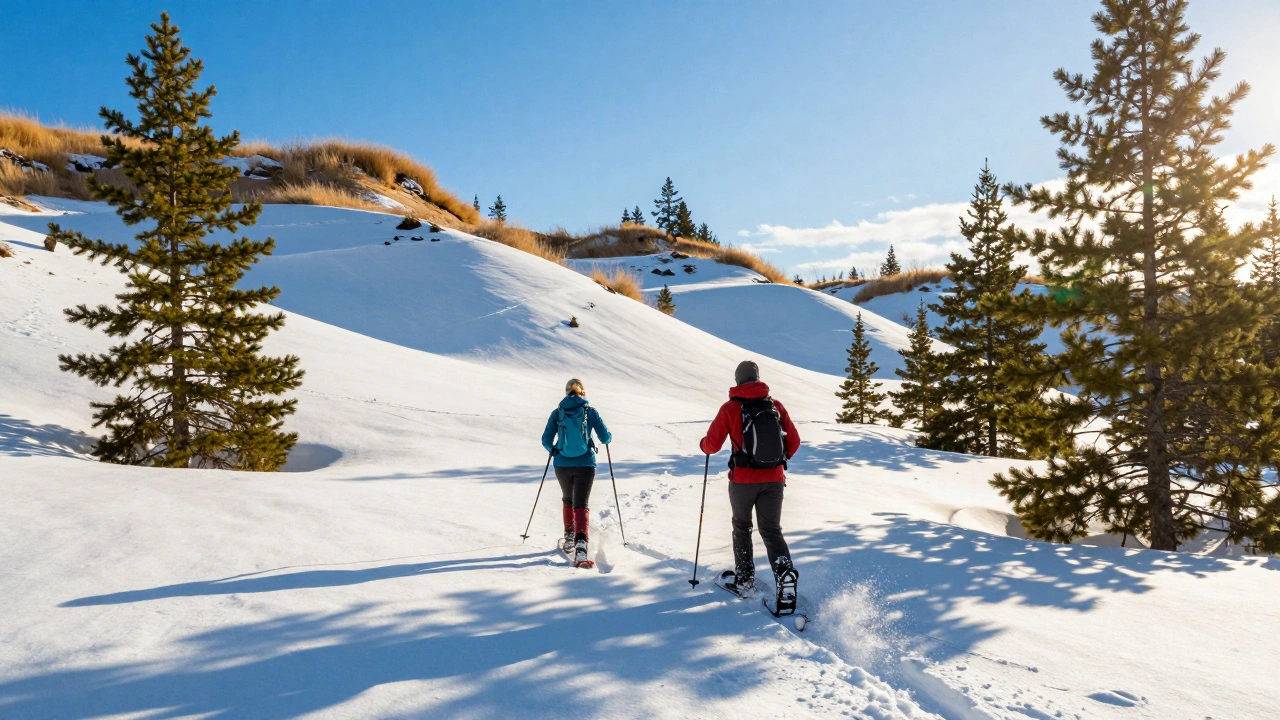 People snowshoeing on dunes with pine trees nearby