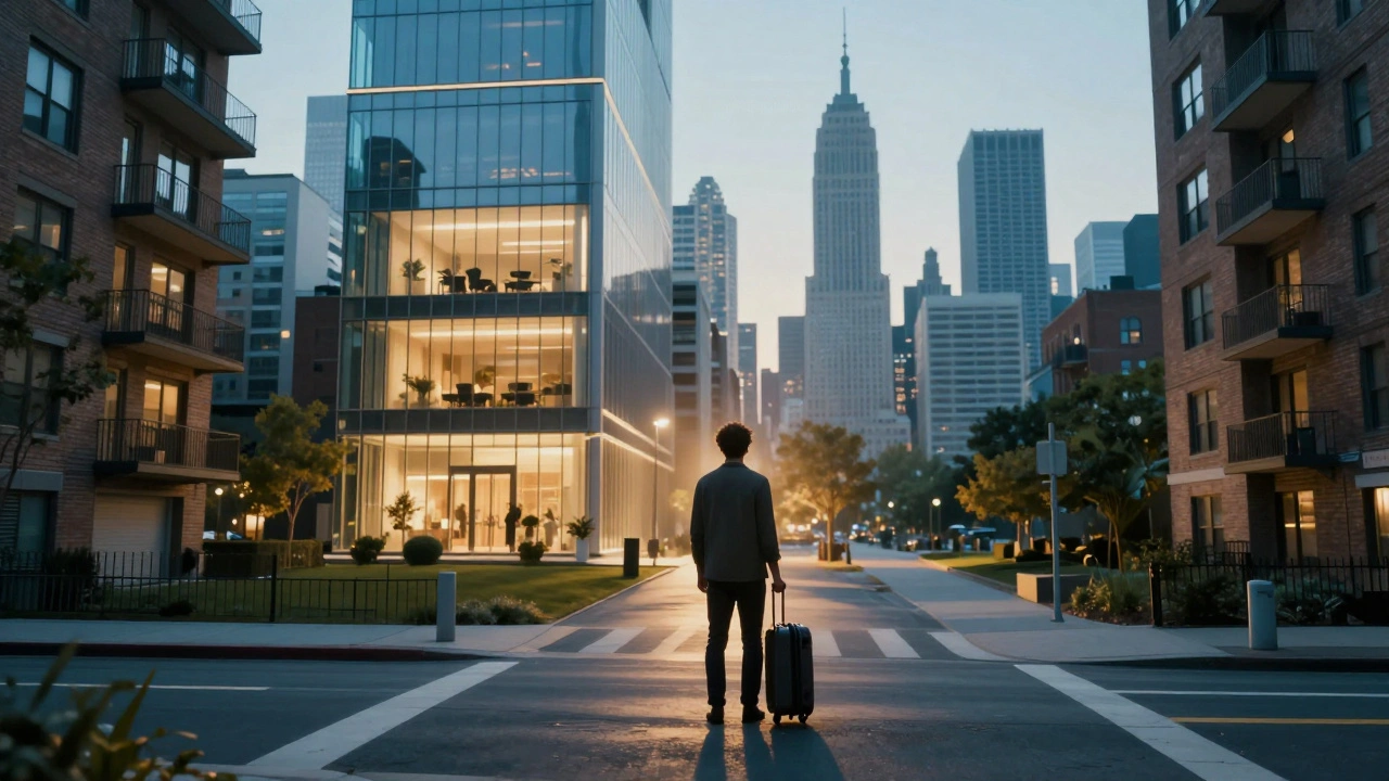 Person choosing between housing options against a stylized Chicago skyline