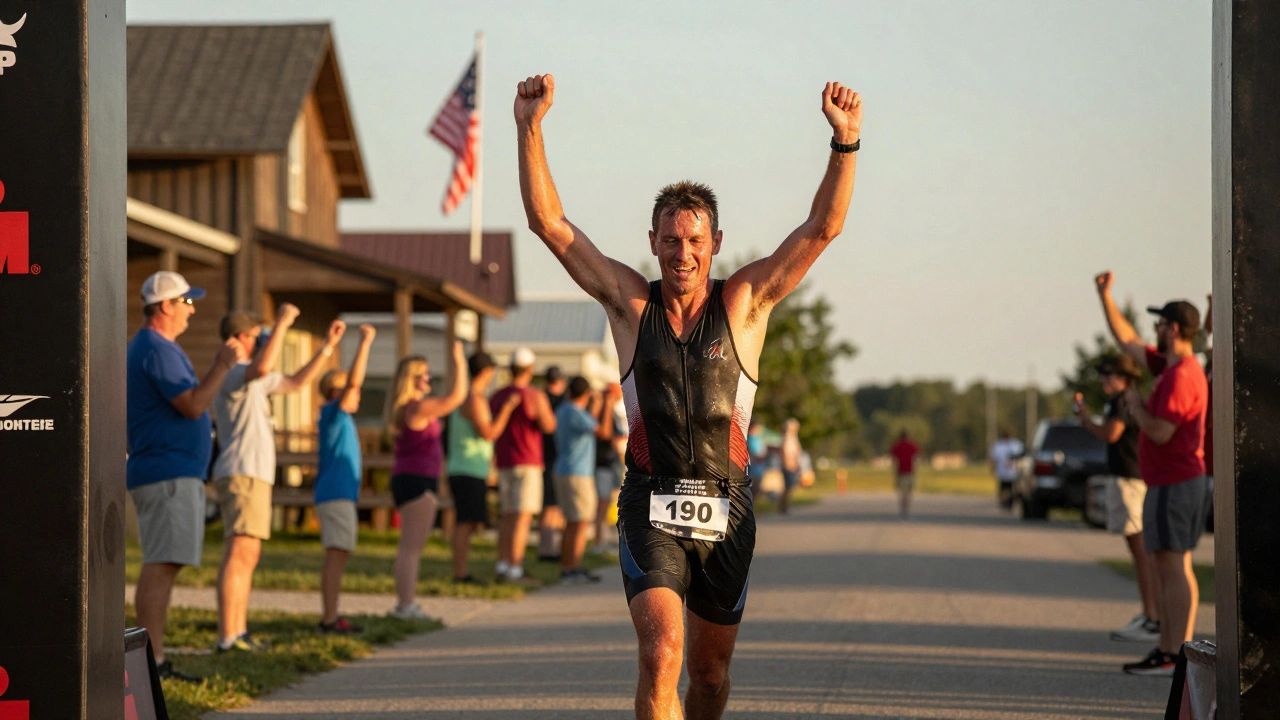Runner crossing the finish line at Ironman Wisconsin celebration