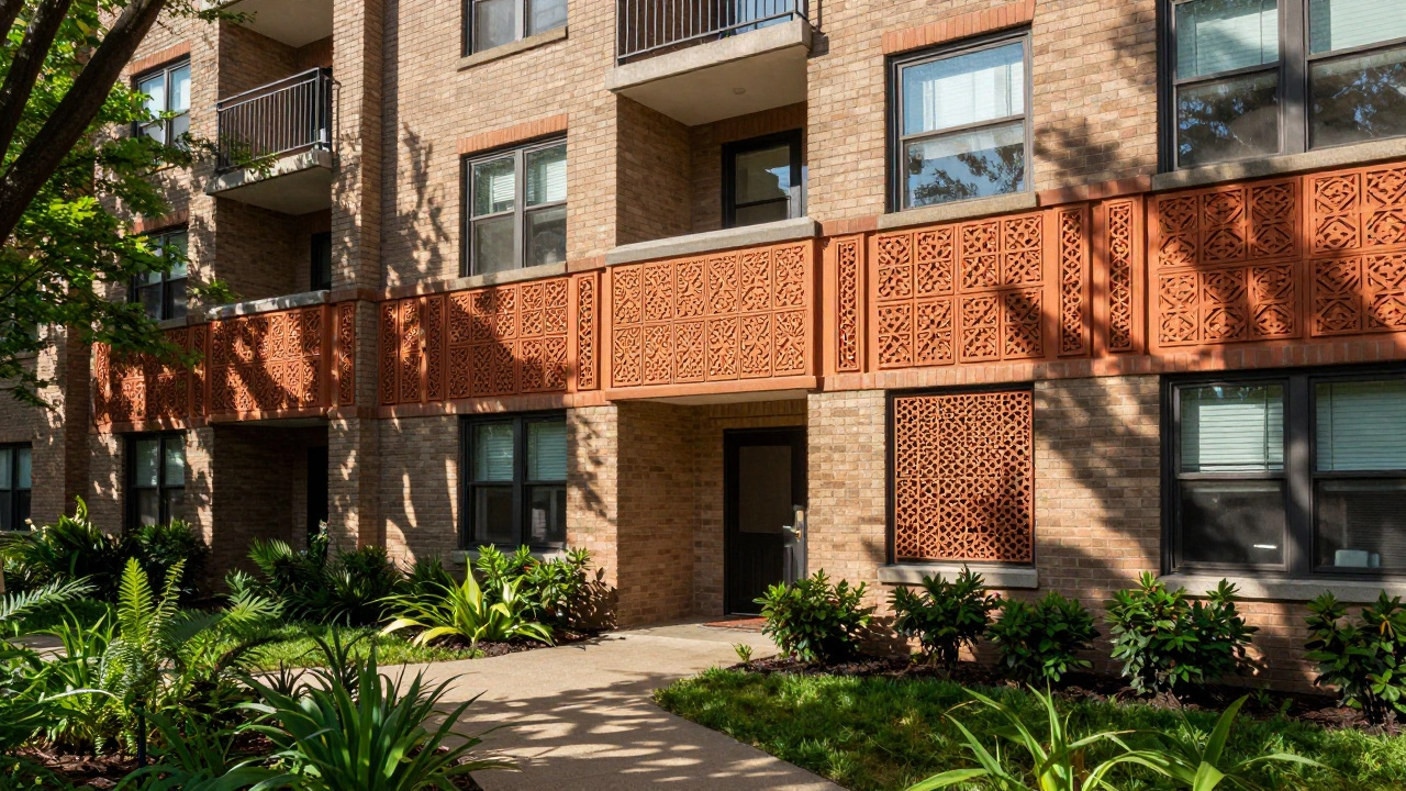 Ruskin Court facade with detailed terra cotta panels and brick