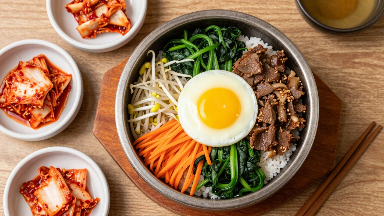 Sizzling stone bowl Bibimbap with fresh vegetables and egg