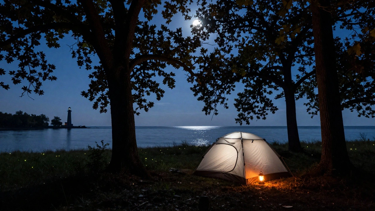 Solitary tent in oak savanna near Lake Michigan lighthouse at night