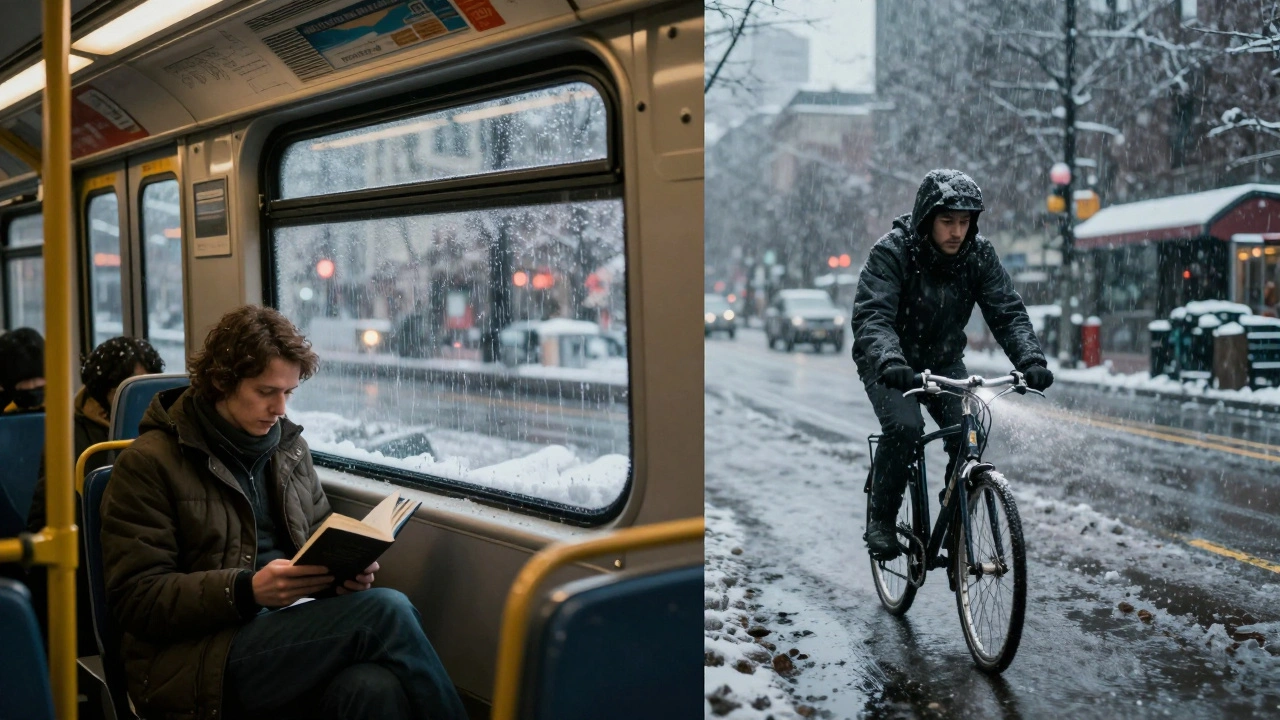 Split view of comfortable CTA train vs cyclist in winter storm