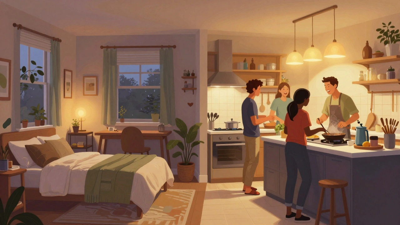 Split view showing a private bedroom and a busy shared kitchen in co-living