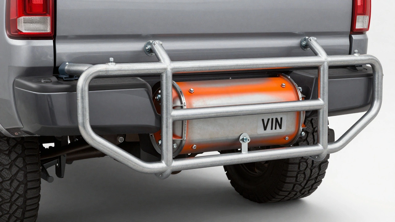 Steel protective cage and neon paint on a car's undercarriage
