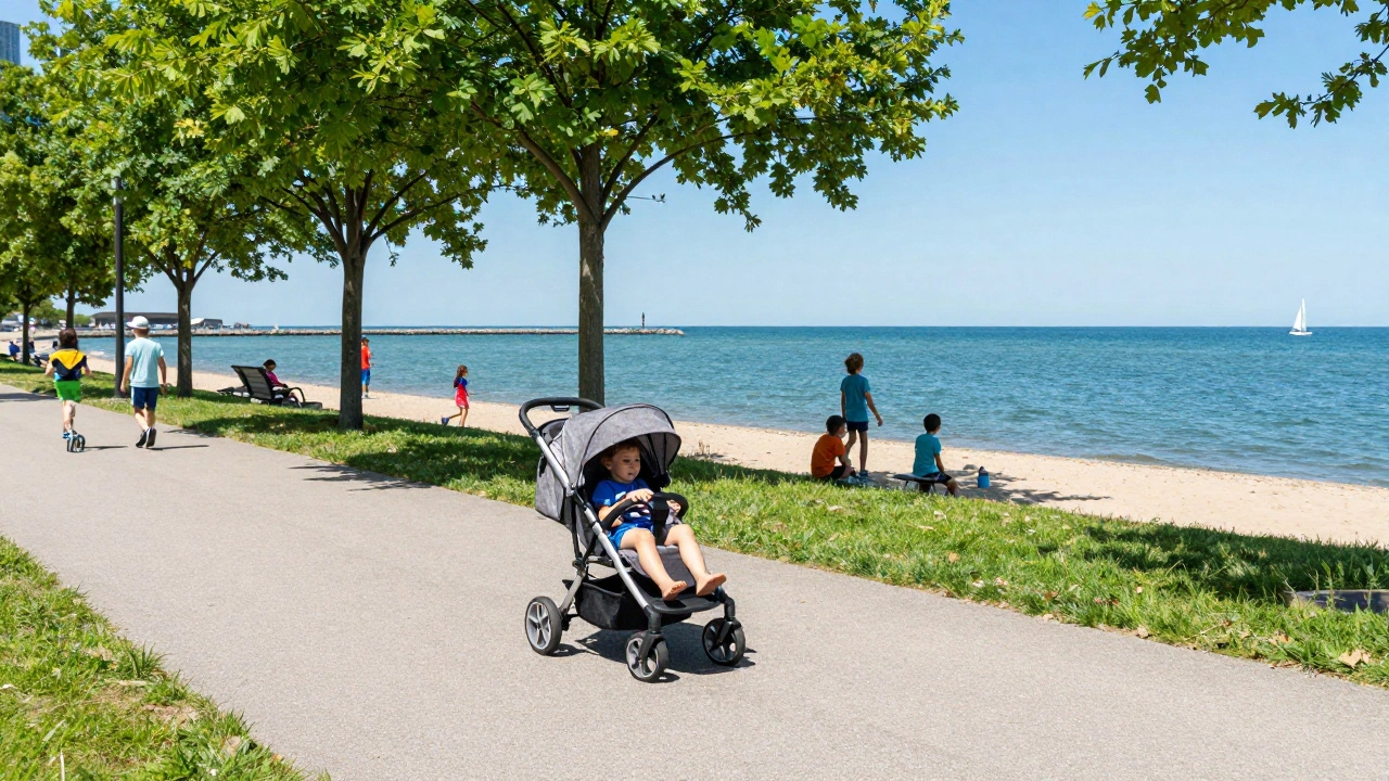 Stroller-friendly walk on Chicago Lakefront Trail near beach and lake