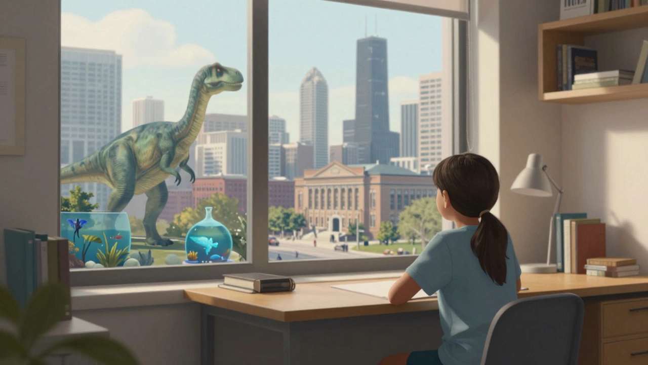 Student looking out window at symbolic images of Chicago museums and universities.
