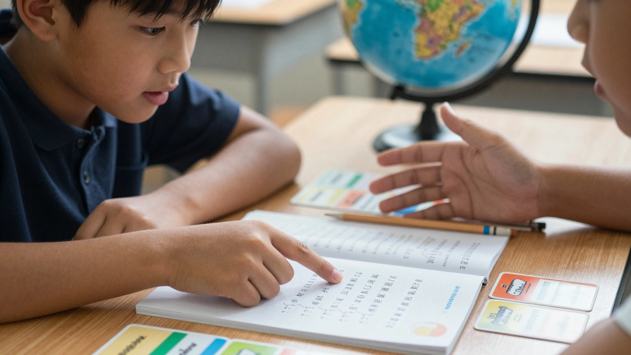 Two students collaborating on a math problem involving Mandarin characters at a desk.