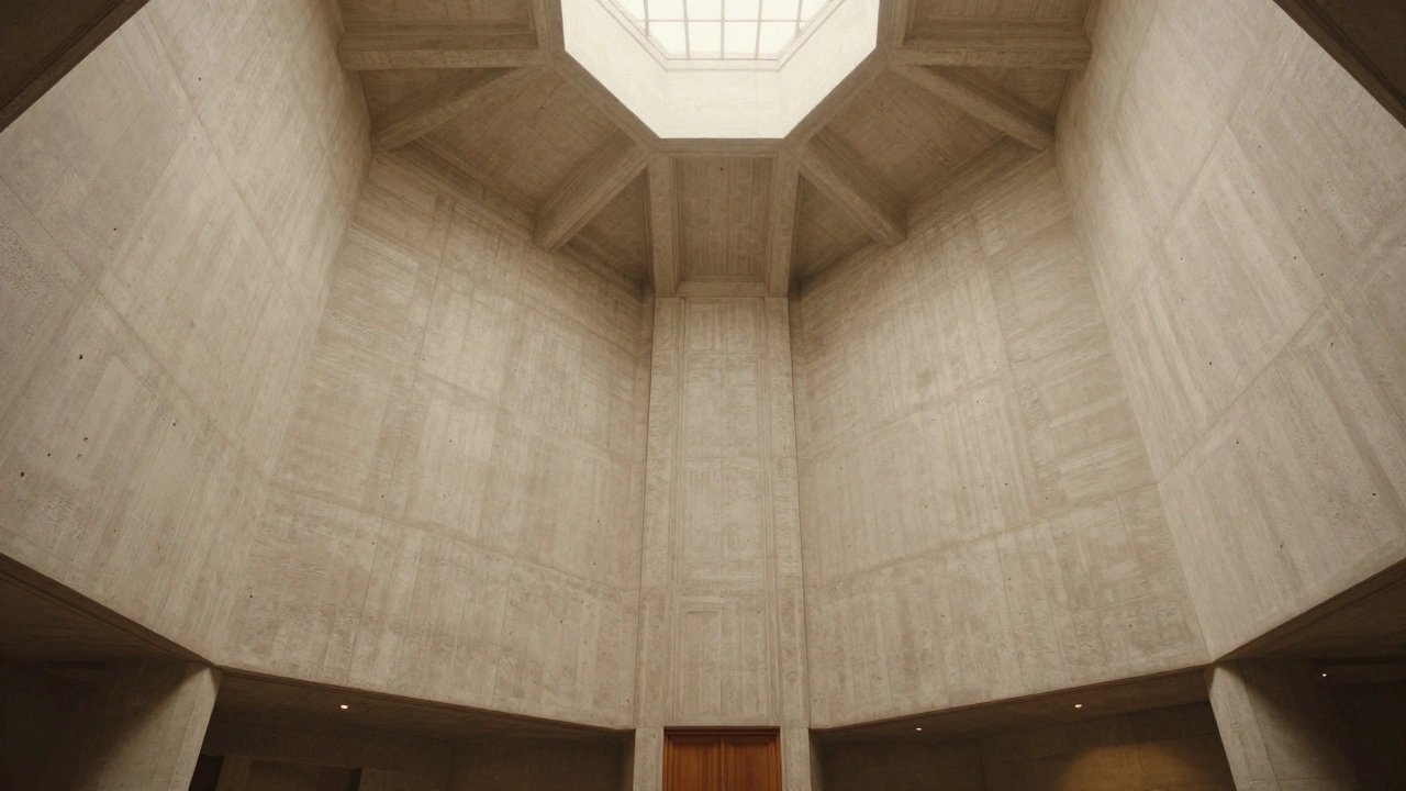 Unity Temple interior with hexagonal concrete walls and skylight