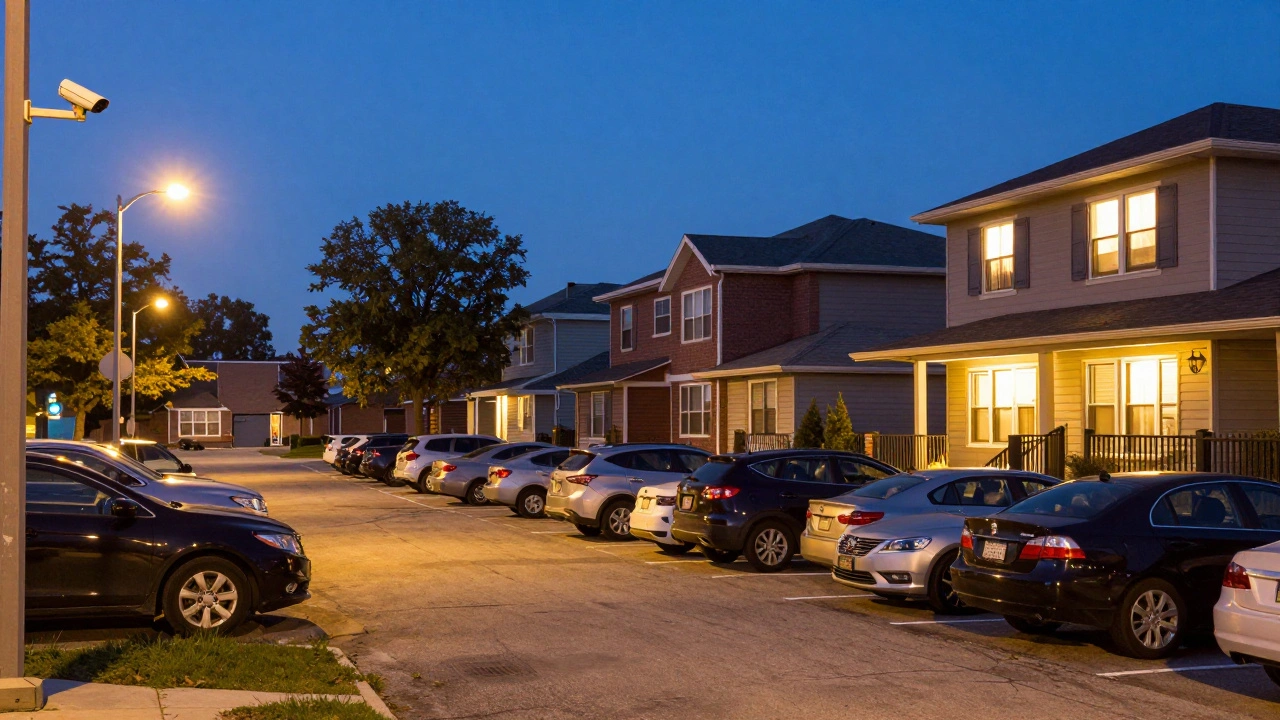 Well-lit parking lot with security cameras monitoring parked cars