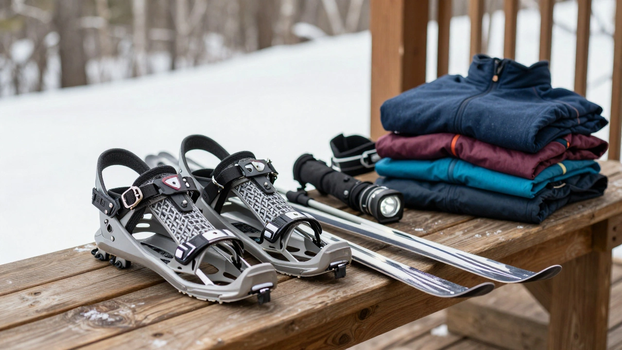 Winter sports gear including skis and snowshoes