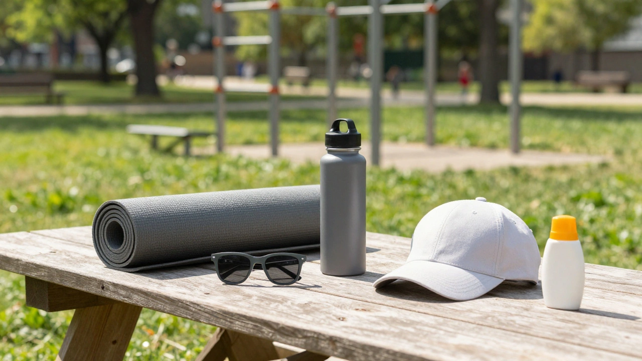 Yoga mat, water bottle, and sun protection gear on park bench