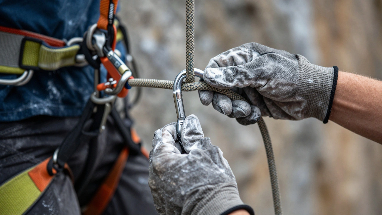 Close-up of hands adjusting climbing ropes and carabiners