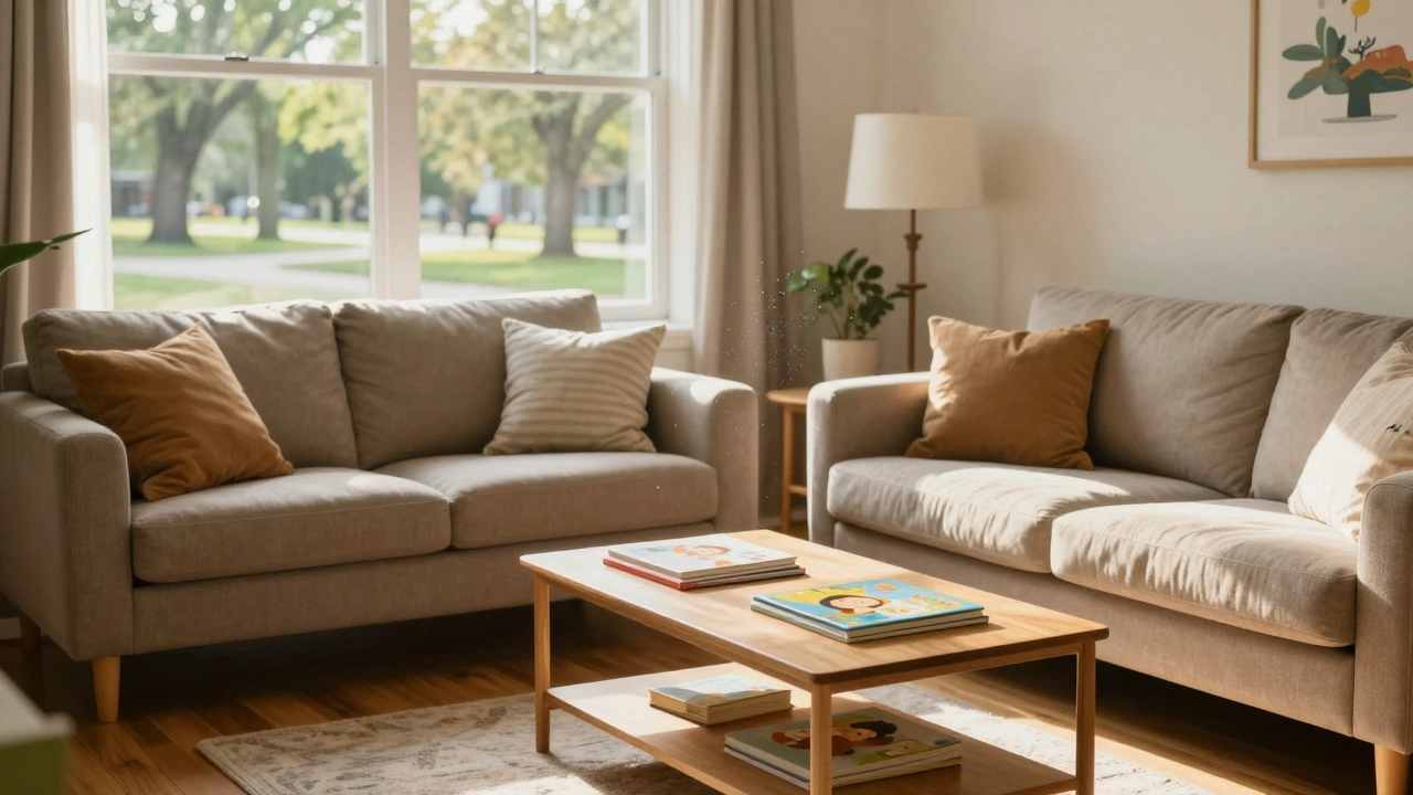 Cozy family living room with park view in a Chicago residential neighborhood