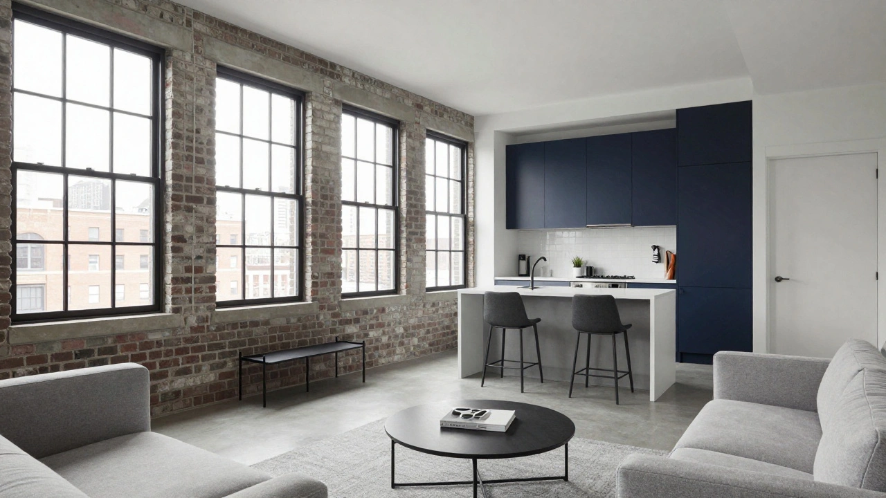 Modern studio apartment interior with exposed brick and large windows in Chicago