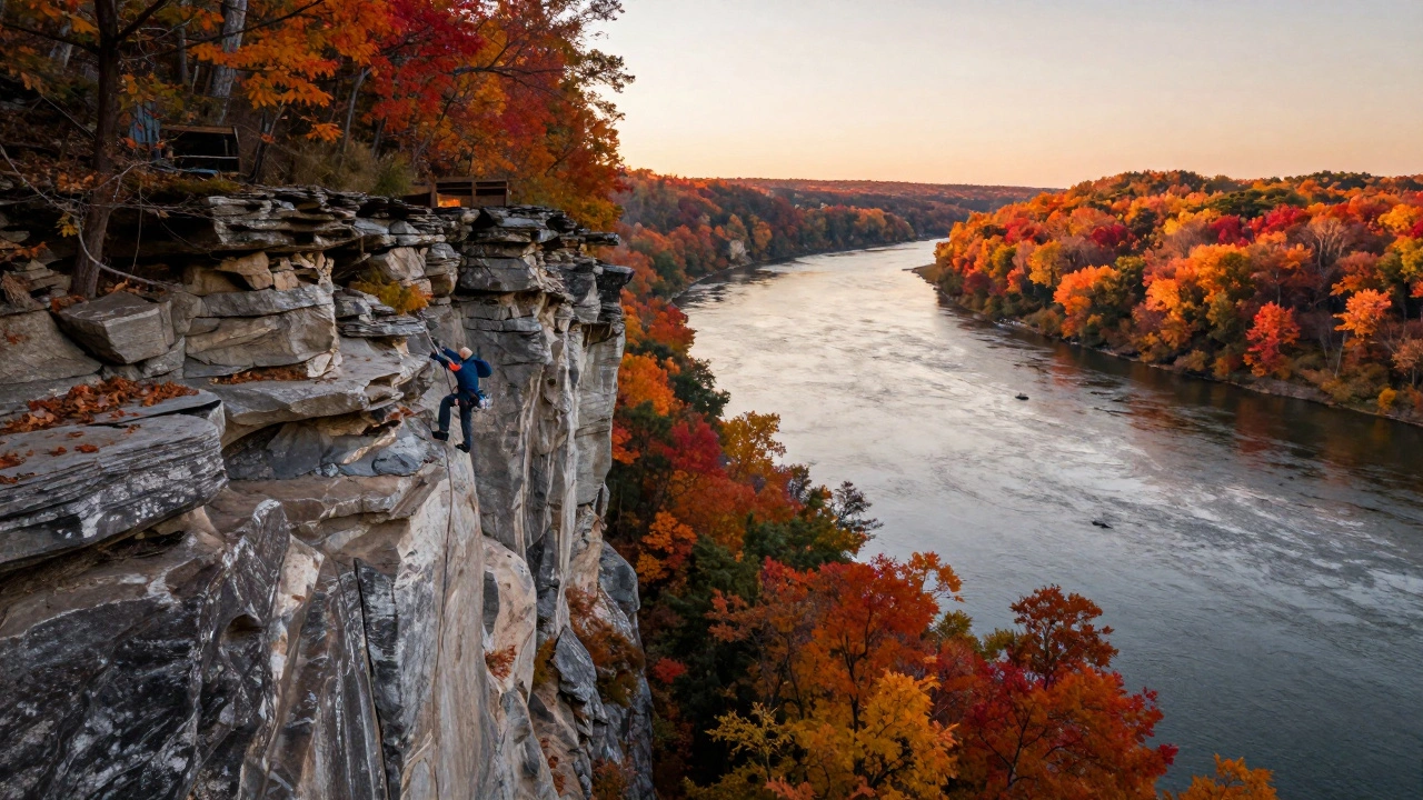 Rock climber on limestone cliffs with autumn foliage