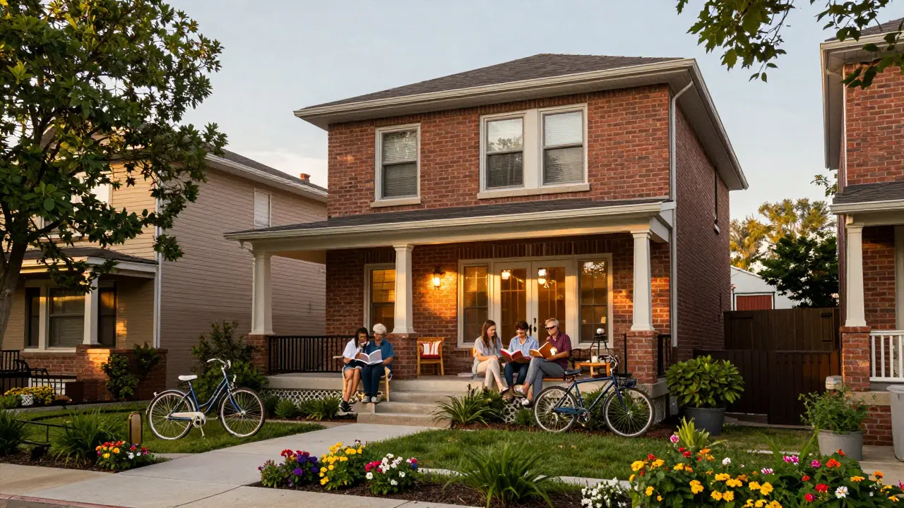 A family relaxes on the porch of a brick home in North Center during golden hour