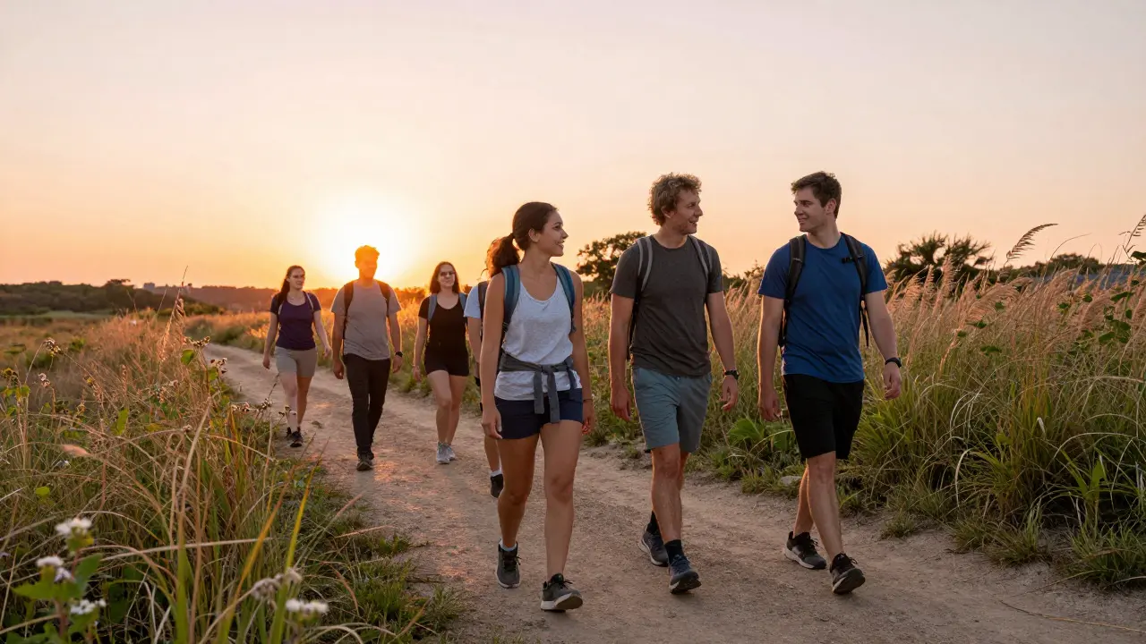 A group of hikers chatting and smiling on a trail during sunset