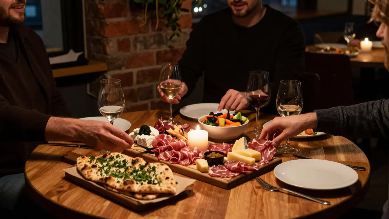 A large table filled with shared plates of food and drinks in a dimly lit restaurant